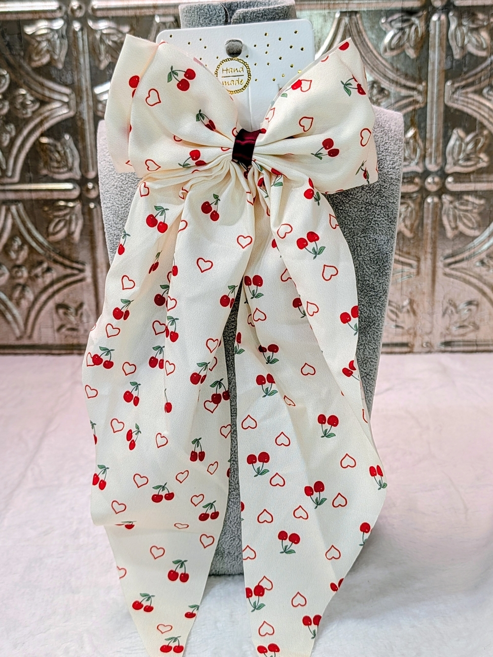 White Large Long Tailed Cherry Hairbow